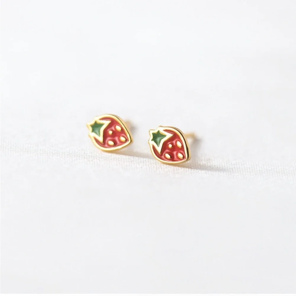 Gold Sterling Silver Strawberry Dainty Minimalist Stud Post Earrings - Picture 3 of 5